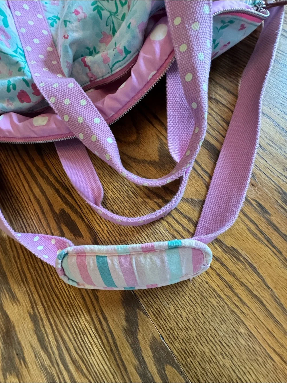 Matilda Jane Mint Floral Sleepover Duffel Bag with Pink Polka Dot Straps